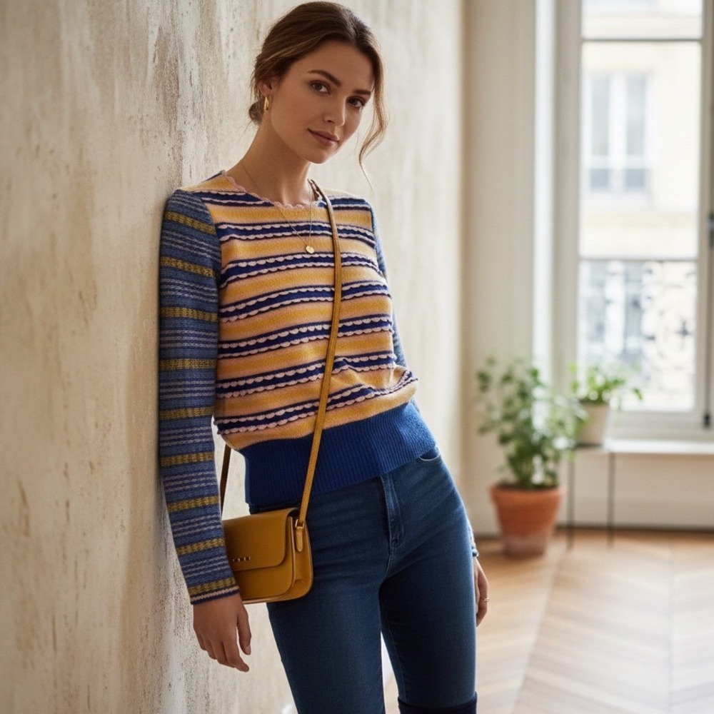 MANOUSH Striped Merino Wool Scalloped Neck Sweater Blue Yellow Pink Size S